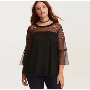 Lane Bryant Mesh Embroidered Black Blouse Sz 26/28